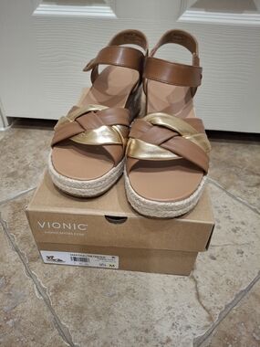 Vionic Tan and Gold Braided Espadrille Wedge Sandals